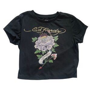 Ed Hardy Cropped Graphic Tee “Ed Hardy” Script — Size M (Y2K / Tattoo Style)